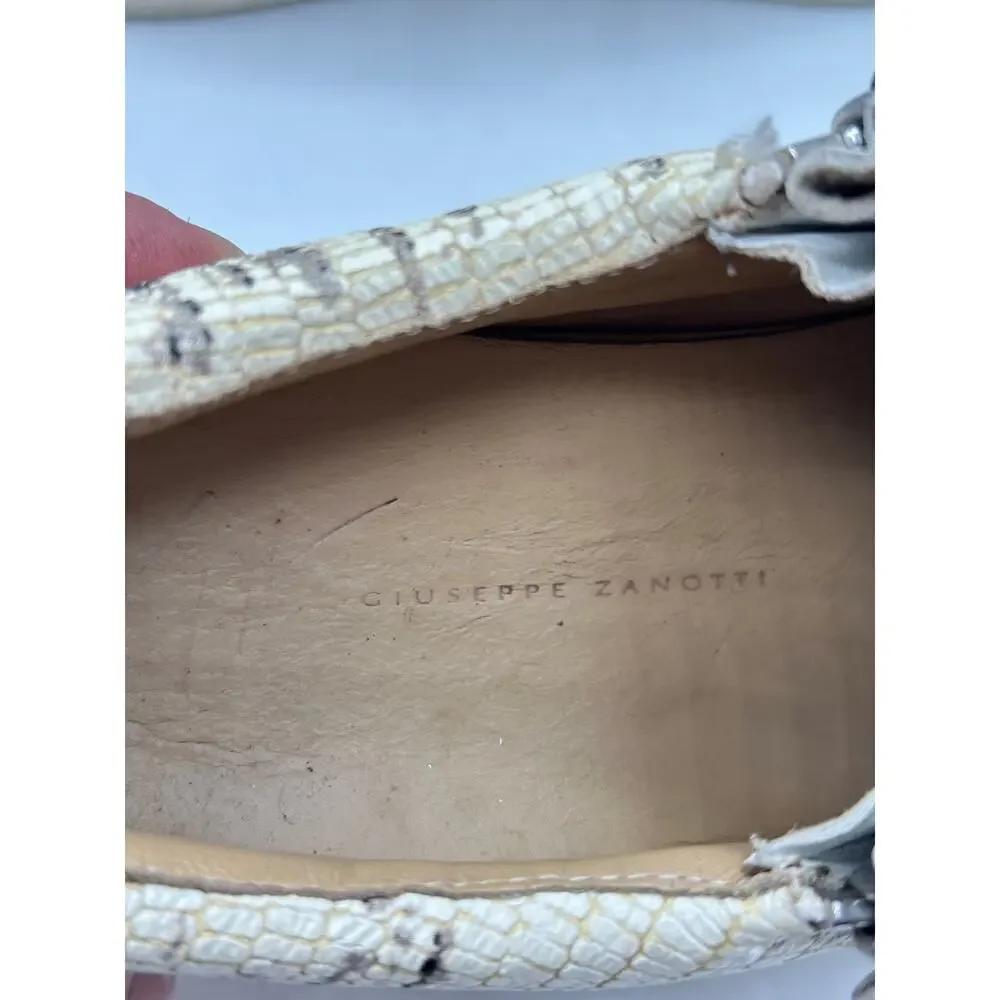 GIUSEPPE ZANOTTI Frankie Sneakers Lizard Emboss Leather White Beige Sz 38/US 7.5